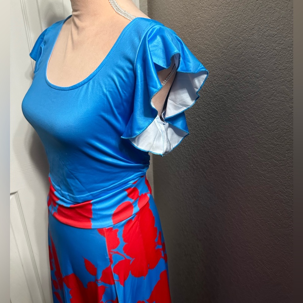 VCAY Floral Print Flutter Sleeve Crop Top & Boho Tropical Long Skirt - Picture 14 of 16